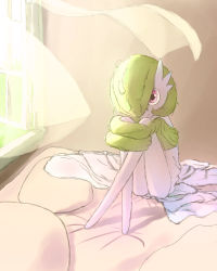 Rule 34 | 1girl, absurdres, bob cut, closed mouth, colored skin, creatures (company), curtains, day, female focus, feyntan, flat chest, full body, game freak, gardevoir, gen 3 pokemon, green hair, green shirt, hair over one eye, happy, highres, hugging own legs, indoors, knees up, legs, looking at viewer, messy hair, nintendo, off shoulder, on bed, one eye covered, pillow, pokemon, pokemon (creature), red eyes, shirt, short hair, sitting, sketch, skirt, smile, solo, sunlight, white skin, white skirt, window