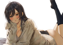 1girl absurdres ass bed_sheet black_hair black_panties black_socks blush breasts cleavage collarbone commentary_request daiko_(dai1974910) feet_up head_rest highres idolmaster idolmaster_shiny_colors kneehighs large_breasts long_hair looking_at_viewer lying on_stomach panties shirase_sakuya shirt socks solo underwear white_shirt