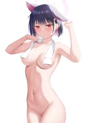 Rule 34 | 1girl, absurdres, animal ears, black hair, blue archive, blunt ends, blush, bob cut, breasts, cat ears, cleavage, closed mouth, collarbone, colored inner hair, commentary request, ear down, groin, hair behind ear, hair ornament, hairclip, halo, highres, holding, holding towel, index finger raised, kazusa (blue archive), large breasts, looking at viewer, medium hair, multicolored hair, naked towel, navel, nude, pink hair, pink halo, red eyes, sidelighting, simple background, solo, standing, stomach, streaked hair, tatsumiya kagari, thighs, towel, towel around neck, two-tone hair, wet, white background, white towel