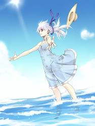 Rule 34 | 00s, 1girl, bare shoulders, darker than black, day, dress, foreshortening, hat, unworn hat, unworn headwear, highres, long hair, outstretched arms, purple eyes, satou atsuki, see-through, solo, spread arms, sun, sundress, sunlight, untied, wading, water, white hair, wind, yin (darker than black)