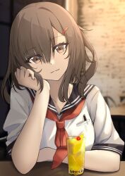 Rule 34 | 1girl, :3, aged up, black sailor collar, breast pocket, brown eyes, brown hair, cup, drink, drinking glass, hand on own face, ikazuchi (kancolle), kantai collection, long sleeves, neckerchief, omatu tea time, pen, pocket, red neckerchief, sailor collar, school uniform, serafuku, short hair, smile, solo