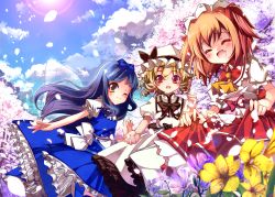 Rule 34 | 3girls, ^ ^, ascot, black hair, blonde hair, bow, bowtie, cherry blossoms, closed eyes, closed eyes, fairy wings, fang, female focus, flower, happy, hat, highres, long hair, looking at viewer, luna child, multiple girls, one eye closed, open mouth, red eyes, sho (runatic moon), short hair, skirt hold, smile, star sapphire, sunny milk, touhou, twintails, wings, wink, yellow eyes, yousei daisensou