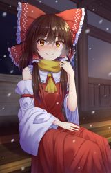 Rule 34 | 1girl, ascot, bow, breath, brown hair, closed mouth, detached sleeves, hair bow, hakurei reimu, highres, looking at viewer, medium hair, multicolored eyes, nontraditional miko, outdoors, red bow, red eyes, red shirt, red skirt, scarf, shirt, skirt, smile, snowing, solo, touhou, wide sleeves, yellow ascot, yellow eyes, yellow scarf, yosshy