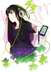 Rule 34 | 1girl, absurdres, bad id, bad pixiv id, black hair, cable, green eyes, headphones, highres, jigsaw puzzle, light smile, listening to music, long hair, original, puzzle, puzzle piece, solo, tsucchiy