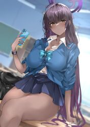 Rule 34 | 1girl, bag, black bag, blue archive, blue skirt, blush, breasts, cellphone, closed mouth, collared shirt, commentary request, dark-skinned female, dark skin, halo, highres, holding, holding phone, indoors, karin (blue archive), large breasts, long hair, long sleeves, looking at viewer, mutou mame, phone, purple hair, shirt, shirt tucked in, shoulder bag, sitting, skirt, smartphone, solo, thighs, white shirt, yellow eyes