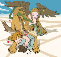 Rule 34 | 1boy, 2girls, ^^^, bdsm, biting, blush, bondage, bound, braid, breast smother, breasts, brown hair, centauroid, chimera, clothed male nude female, cloud, day, desert, face to breasts, feathered wings, heart, hetero, hug, long hair, lowres, medium breasts, monster girl, multiple girls, nipples, non-web source, nude, o o, pet play, short hair, single braid, sky, snake, snake head tail, snake tail, sphinx, tail, taur, tongue, undressing, wings