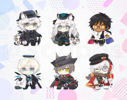 Rule 34 | 1girl, 5boys, animal, animal ear fluff, animal ears, arknights, bag, bespectacled, black cape, black capelet, black dress, black hair, black headwear, black jacket, black shorts, black suit, blonde hair, blue background, blue eyes, blue necktie, brown scarf, cape, capelet, card, cat, cat boy, cat ears, chibi, christine (arknights), commentary request, dark-skinned male, dark skin, dress, ears through headwear, elysium (arknights), elysium (snowy echo) (arknights), executor (arknights), executor (titleless code) (arknights), fanny pack, formal, full body, fur-trimmed cape, fur-trimmed capelet, fur trim, glasses, gradient background, grey hair, gun, halo, hand fan, hat, holding, holding bag, holding card, holding fan, holding gun, holding umbrella, holding weapon, id card, jacket, jewelry, leopard boy, leopard ears, leopard girl, leopard tail, light smile, looking at viewer, multicolored background, multicolored clothes, multicolored hair, multicolored jacket, multiple boys, necklace, necktie, official alternate costume, one eye closed, pants, phantom (arknights), phantom (dream within a dreammare) (arknights), pink background, playing card, ponytail, pramanix (arknights), pramanix (caster&#039;s frost) (arknights), red cape, red hair, red necktie, scarf, shirt, shorts, silverash (arknights), silverash (york&#039;s bise) (arknights), soppos, suit, t-shirt, tail, thorns (arknights), thorns (comodo) (arknights), two-sided cape, two-sided fabric, two-tone jacket, umbrella, weapon, white cat, white jacket, white pants, white shirt, wings, yellow eyes