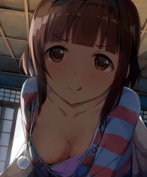 Rule 34 | 1girl, :q, areola slip, backlighting, blunt bangs, blush, breasts, brown eyes, brown hair, camisole, closed mouth, collarbone, commentary request, day, downblouse, drawstring, dutch angle, highres, idolmaster, idolmaster cinderella girls, indoors, jacket, kitami yuzu, leaning forward, long hair, looking at viewer, matching hair/eyes, medium breasts, no bra, purple camisole, seneto, sidelocks, smile, solo, striped clothes, striped jacket, tongue, tongue out, v-shaped eyebrows