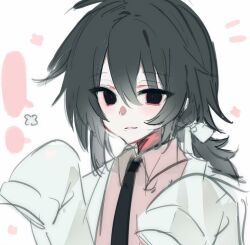 Rule 34 | 1boy, black eyes, black hair, black necktie, blank speech bubble, chinese commentary, collared shirt, commentary request, hair between eyes, hair ribbon, highres, jacket, long hair, long sleeves, male focus, mo chengwei, necktie, open clothes, open jacket, pink shirt, red pupils, ribbon, shenme (jiukonglan), shirt, sketch, sleeves past fingers, sleeves past wrists, solo, speech bubble, touqi guaitan, tsurime, upper body, white background, white jacket, white ribbon