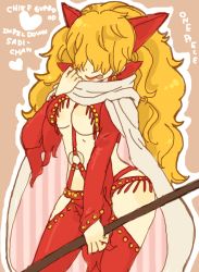 Rule 34 | 1girl, blonde hair, cape, curly hair, fringe trim, hair over eyes, highres, horns, impel down, licking lips, lipstick, long hair, makeup, one piece, revealing clothes, sadi-chan, solo, tongue, tongue out, yukke
