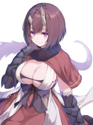 Rule 34 | + +, 1girl, black bra, black gloves, bob cut, bra, breasts, broken horn, brown hair, capelet, cleavage, commentary request, demon girl, demon horns, dress, elbow gloves, eriko (princess connect!), fur-trimmed capelet, fur trim, gauntlets, gloves, highres, horns, inverted bob, large breasts, looking at viewer, princess connect!, purple eyes, red capelet, red dress, ribucci, simple background, smile, solo, spiked tail, tail, underwear, white background