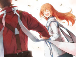 Rule 34 | 00s, 1boy, 1girl, bad id, bad pixiv id, blonde hair, blush, brown hair, colette brunel, closed eyes, holding hands, hetero, laughing, lloyd irving, long hair, mitsugo, red shirt, shirt, tales of (series), tales of symphonia
