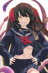 1girl black_hair breasts clenched_teeth hiruko_(mon-musu_quest!) long_hair looking_at_viewer midriff mon-musu_quest! mon-musu_quest:_paradox navel no_bra pleated_skirt school_uniform serafuku sharp_teeth shiki_(psychedelic_g2) skirt solo teeth twintails underboob yellow_eyes