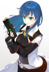 Rule 34 | 1girl, bad id, bad pixiv id, blue hair, blush, breasts, closed mouth, fingerless gloves, gloves, green eyes, gun, highres, long hair, looking at viewer, maria traydor, simple background, skirt, solo, star ocean, star ocean anamnesis, star ocean till the end of time, tark (318), weapon, white background
