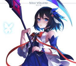 Rule 34 | 1girl, animal, bare shoulders, black hair, blue eyes, blue gemstone, blue hair, bow, bug, butterfly, character name, cropped, dpin (user adhr8855), eyelashes, gem, glowing butterfly, hair ornament, highres, holding, holding scythe, holding weapon, honkai (series), honkai impact 3rd, insect, long eyelashes, looking at viewer, multicolored hair, open mouth, red bow, red gemstone, scythe, seele (evangelion), seele vollerei, seele vollerei (swallowtail phantasm), short hair, signature, solo, two-tone hair, weapon