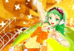 Rule 34 | 1girl, collar, goggles, green eyes, green hair, gumi, headphones, headset, matching hair/eyes, md5 mismatch, midriff, open mouth, redjuice, resolution mismatch, short hair, smile, solo, source larger, vocaloid, wallpaper, wing collar, wrist cuffs