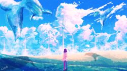 Rule 34 | 1girl, aoi minato (aoiminato ship), black hair, blue sky, chromatic aberration, cloud, flying, from behind, full body, highres, hill, light particles, original, pants, scenery, shadow, signature, sky, solo, standing, traditional media, whale, wheat field, wide shot, windmill