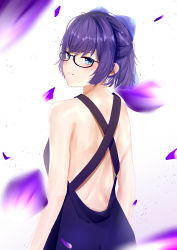 Rule 34 | 1girl, a-chan (hololive), absurdres, backless dress, backless outfit, blue bow, blue dress, blush, bow, dress, eyebrows hidden by hair, formal, from behind, glasses, hair behind ear, hair bow, highres, hololive, hyojun, looking at viewer, looking back, petals, short hair, smile, solo, virtual youtuber, white background, wings