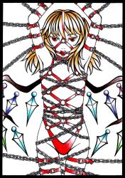 Rule 34 | 1girl, arm strap, bad id, bad pixiv id, ball gag, bdsm, blonde hair, bondage, bondage outfit, bound, chain, chained, collar, female focus, flandre scarlet, flat chest, gag, gagged, hakkyou seinen dogura magura, harness, no nipples, red eyes, solo, standing, thigh strap, tosihakikumanori, touhou, turn-around-loop, wiffle gag, wings