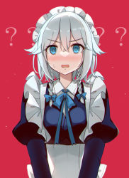 Rule 34 | 1girl, ?, @ @, apron, back bow, blue bow, blue bowtie, blue dress, blue eyes, blush, bow, bowtie, braid, breasts, buttons, collared shirt, confused, dress, grey apron, grey hair, grey shirt, hair between eyes, hair bow, highres, izayoi sakuya, juliet sleeves, kirero, long sleeves, looking away, maid, maid headdress, medium breasts, open mouth, puffy sleeves, red background, shirt, short hair, simple background, solo, standing, sweat, sweatdrop, touhou, twin braids, v-shaped eyebrows, white bow