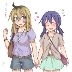 Rule 34 | 2girls, ahoge, aosora (mizore), bandaid, bandaid on arm, bandaid on face, blonde hair, blue eyes, blue hair, blush, casual, closed eyes, holding hands, jc-chan, jewelry, jk-chan, long hair, multiple girls, necklace, original, skirt, translation request, twintails, yuri