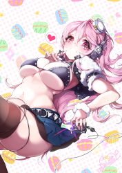 Rule 34 | 1girl, absurdres, bikini, bikini top only, blush, breasts, cleavage, headphones, heart, heart-shaped pupils, highres, kanola u, large breasts, long hair, looking at viewer, microphone, midriff, nitroplus, open mouth, pink eyes, pink hair, skindentation, solo, super sonico, swimsuit, symbol-shaped pupils, thighhighs, vintage microphone
