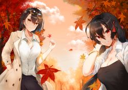 Rule 34 | 21doolybj, 2girls, absurdres, autumn leaves, azur lane, baltimore (azur lane), beige coat, black hair, black skirt, braid, breasts, brown hair, cleavage, coat, earrings, eyewear on head, from below, hair between eyes, hand in own hair, highres, huge filesize, jewelry, large breasts, long hair, looking at viewer, medium breasts, multiple girls, necklace, open clothes, open coat, partially unbuttoned, red eyes, red ribbon, ribbon, shirt, skirt, smile, taihou (azur lane), tree, white coat, white shirt