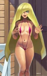 Rule 34 | 1girl, 2021, breasts, covered erect nipples, creatures (company), facing viewer, feet out of frame, female focus, game freak, green eyes, hair over one eye, highres, long hair, looking at viewer, lusamine (pokemon), mature female, navel, nintendo, open mouth, pokemon, pokemon sm, revealing clothes, slingshot swimsuit, small breasts, smile, solo, swimsuit, very long hair, waving, wazu-san