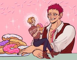 Rule 34 | 2boys, blonde hair, blue eyes, charlotte katakuri, doughnut, eating, food, full body, giving, giving food, height difference, highres, holding, holding food, male focus, multiple boys, muscular, muscular male, one piece, pants, pink hair, sanji (one piece), shojojojos, short hair, sitting, size difference, smile, sweater, teeth, tongue, tongue out, yaoi