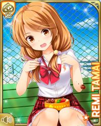 Rule 34 | 1girl, :o, bench, bento, bow, bowtie, brown eyes, brown hair, card (medium), chainlink fence, chopsticks, day, girlfriend (kari), looking at viewer, low twintails, official art, outdoors, plaid, plaid skirt, pleated skirt, qp:flapper, red bow, red skirt, school, school uniform, shirt, sitting, skirt, socks, solo, tagme, tamai remi, twintails, white shirt