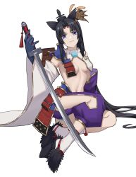 Rule 34 | absurdres, armor, asymmetrical sleeves, black hair, blue eyes, blue panties, breast curtains, breasts, breasts apart, detached sleeves, doris (1349745448), fate/grand order, fate (series), feather hair ornament, feathers, gloves, hair ornament, highres, holding, holding sword, holding weapon, japanese armor, kusazuri, light smile, looking at viewer, medium breasts, mismatched sleeves, navel, panties, pom pom (clothes), revealing clothes, sideboob, sidelocks, simple background, socks, solo, sword, underwear, ushiwakamaru (fate), weapon, white background, white socks