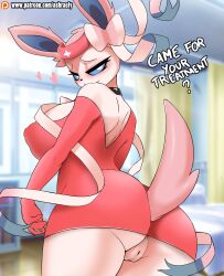 Rule 34 | absurdres, furry, anus, anus only, ashraely, ass, blue sclera, blush, breasts, cleft of venus, clothes, colored sclera, colored skin, covered erect nipples, creatures (company), curvy, female focus, game freak, gen 6 pokemon, hat, headgear, heart symbol, highres, huge ass, huge breasts, looking at viewer, looking back, nintendo, nipples, no panties, no undewear, nurse cap, nurse clothing, nurse costume, pink tail, pokemon, pokemon (creature), pussy, ribbon, simple background, smile, solo, sylveon, tail, thick thighs, thighs, upskirt, white eyes, white skin, wide hips