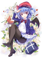 Rule 34 | 1girl, alternate costume, alternate hairstyle, alternate headwear, bag, bat wings, black pantyhose, blazer, blue hair, blush, book, contemporary, cup, dango remi, fang, feet, floral background, flower, full body, gradient background, hair bobbles, hair ornament, hat, heart, highres, jacket, long sleeves, md5 mismatch, nib pen (object), open clothes, open jacket, open mouth, pantyhose, pen, pencil, petals, red eyes, remilia scarlet, resolution mismatch, school bag, shoes, short hair, side ponytail, single shoe, skirt, smile, solo, source smaller, sweater, sweater vest, teacup, thighband pantyhose, toes, touhou, wings
