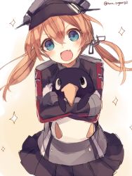 Rule 34 | &gt;:d, 10s, 1girl, :d, blonde hair, carrying, failure penguin, fang, gloves, hat, kantai collection, long hair, open mouth, peaked cap, prinz eugen (kancolle), shugao, sketch, smile, sparkle, twintails, twitter username, uniform, v-shaped eyebrows