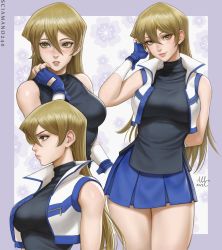 Rule 34 | 1girl, artist name, bare shoulders, black shirt, blonde hair, blue gloves, blue jacket, blue skirt, border, breasts, brown eyes, closed mouth, cowboy shot, fingerless gloves, gloves, grey border, hair between eyes, highres, jacket, large breasts, long hair, miniskirt, multicolored clothes, multicolored jacket, multiple views, open clothes, open jacket, parted lips, pleated skirt, profile, sciamano240, shirt, signature, skirt, smile, teeth, tenjouin asuka, two-tone jacket, upper body, white jacket, yu-gi-oh!, yu-gi-oh! gx