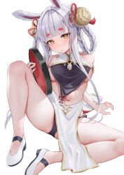 Rule 34 | 1girl, absurdres, animal ears, arm behind back, azur lane, bare legs, bare shoulders, bell, black panties, blush, braid, breasts, chinese clothes, classic (zildjian33), commentary request, full body, hair bell, hair ornament, hair rings, hand up, high heels, highres, holding, holding tray, knee up, legs, long hair, looking at viewer, medium breasts, midriff, navel, no bra, panties, parted lips, rabbit ears, rabbit girl, red ribbon, ribbon, shimakaze (azur lane), shimakaze (clumsy moon rabbit) (azur lane), side-tie panties, sideboob, sideless outfit, sitting, sleeveless, small breasts, solo, spread legs, thighs, tray, twin braids, underwear, upskirt, very long hair, white hair, yellow eyes