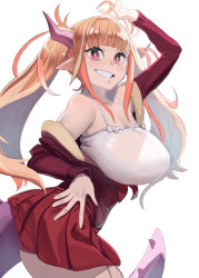 Rule 34 | 1girl, ahoge, blunt bangs, breasts, commentary, dragon girl, dragon horns, dragon tail, from side, grin, hand on own hip, highres, hololive, horns, kiryu coco, kiryu coco (loungewear), large breasts, long hair, looking at viewer, off shoulder, official alternate costume, orange hair, pleated skirt, pointy ears, red eyes, red skirt, sho-n-d, simple background, skirt, smile, solo, tail, virtual youtuber, white background