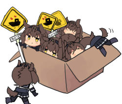 Rule 34 | &gt; &lt;, 6+girls, :&lt;, = =, absurdres, bad id, bad pixiv id, black skirt, blush, box, brown hair, cardboard box, chibi, dog tail, fujiyama ichiha, hair flaps, hatsuzuki (kancolle), headband, heart, highres, holding, holding sign, in box, in container, kantai collection, look-alike, multiple girls, short hair, sign, simple background, skirt, tail, too many, white background, yellow eyes