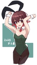 Rule 34 | 1girl, alternate costume, animal ears, breasts, brown hair, bunny day, cleavage, commentary request, covered navel, cowboy shot, cropped legs, dated, detached collar, flying sweatdrops, gradient hair, highres, kantai collection, leotard, looking at viewer, minosu, multicolored hair, mutsuki (kancolle), necktie, pantyhose, playboy bunny, rabbit ears, rabbit tail, red hair, red necktie, short hair, small breasts, solo, strapless, strapless leotard, tail, wrist cuffs