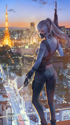 Rule 34 | 1girl, ak-12, ak-12 (girls&#039; frontline), assault rifle, bag, black ribbon, braid, breasts, character name, city, city lights, cityscape, cloud, combat knife, covered mouth, french braid, from behind, gas mask, girls&#039; frontline, gloves, glowing, glowing eyes, gun, hair ribbon, headset, highres, holding, holding gun, holding knife, holding weapon, indoors, jacket, kalashnikov rifle, knife, load bearing vest, long hair, long sleeves, looking at viewer, looking back, mask, night, pants, partially fingerless gloves, ponytail, realistic, red eyes, ribbon, rifle, scenery, sidelocks, signature, silver hair, solo, sunset, thigh strap, tokyo tower, very long hair, wayne chan, weapon