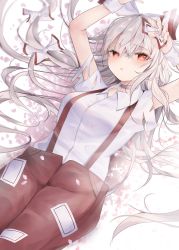 Rule 34 | 1girl, absurdres, arms up, beige shirt, blurry, blush, bow, breasts, buttons, cherry blossoms, choker, collared shirt, commentary request, depth of field, eyelashes, eyes visible through hair, fingernails, fujiwara no mokou, grey bow, grey hair, hair between eyes, hair bow, hands up, highres, hiiro60, long fingernails, long hair, looking at viewer, looking away, lying, multicolored bow, nail polish, ofuda, ofuda on clothes, on back, open mouth, pants, petals, pink nails, purple choker, red bow, red eyes, red pants, shirt, short sleeves, sidelocks, simple background, solo, suspenders, tattoo, torn clothes, torn sleeves, touhou, very long hair, white background, white bow, white shirt, wrist cuffs