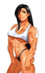 Rule 34 | 1girl, abs, biceps, black hair, black panties, breasts, brown eyes, cessa, cowboy shot, final fantasy, final fantasy vii, long hair, medium breasts, muscular, muscular female, navel, panties, simple background, smile, solo, tank top, tifa lockhart, underwear, white background, white tank top