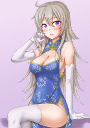 Rule 34 | 1girl, alternate costume, anti (untea9), blue dress, blush, breasts, china dress, chinese clothes, cleavage, dress, gloves, grey eyes, grey hair, highres, kantai collection, long hair, looking at viewer, open mouth, pelvic curtain, purple background, sitting, sleeveless, smile, solo, thighhighs, washington (kancolle), white gloves, white thighhighs