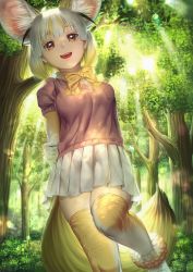Rule 34 | 1girl, :d, absurdres, animal ear fluff, animal ears, arms behind back, black hair, blonde hair, breast pocket, commentary request, dappled sunlight, day, elbow gloves, extra ears, fennec (kemono friends), fox ears, fox tail, gloves, hand on own arm, highres, kemono friends, koufukutei yumeko, looking at viewer, medium hair, miniskirt, multicolored hair, open mouth, outdoors, pink sweater, pocket, short-sleeved sweater, short sleeves, skirt, smile, solo, sunlight, sweater, tail, teeth, thighhighs, tree, upper teeth only, white hair, white skirt, zettai ryouiki