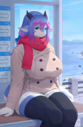 Rule 34 | 1girl, aqua eyes, blurry, breasts, brown coat, buttons, coat, depth of field, dragon, furry, furry female, gradient hair, highres, horns, lanya (lcshian), large breasts, lcshian, multicolored hair, original, outdoors, pink hair, plump, ponytail, porch, purple hair, red scarf, scarf, sitting, snow, solo, thighhighs, window, winter