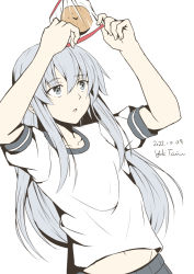 Rule 34 | 1girl, alternate costume, artist name, bread, bread eating race, chestnut mouth, dated, food, grey eyes, grey hair, hibiki (kancolle), highres, holding, holding food, kantai collection, long hair, navel, open mouth, shirt, short sleeves, simple background, solo, taira yuuki, very long hair, white background, white shirt