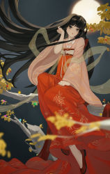 Rule 34 | 1girl, bamboo print, black eyes, black hair, blunt bangs, bow, branch, cherry blossom print, cloud print, collared shirt, dress, flats, floating hair, floral print, full body, full moon, hagoromo, hand on own hip, hand on own knee, hand up, highres, hime cut, houraisan chouko, houraisan kaguya, in tree, japanese clothes, jeweled branch of hourai, kimono, knee up, lips, long hair, long skirt, long sleeves, moon, obi, parted lips, pink shirt, red dress, red footwear, red skirt, ribbon, sash, see-through, shawl, shirt, shoes, short kimono, sitting, sitting in tree, sitting on branch, skirt, solo, touhou, tree, very long hair, white bow, white ribbon, wide sleeves