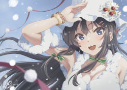 Rule 34 | 1girl, absurdres, armpit crease, armpits, bare shoulders, black hair, blue eyes, blush, bow, breasts, christmas, detached sleeves, eyelashes, gold bracelet, green bow, hair between eyes, hair ornament, hair ribbon, hairclip, hand up, highres, large breasts, long hair, looking at viewer, open mouth, rabbit hair ornament, raiz art works, red ribbon, ribbon, sakurajima mai, seishun buta yarou, smile, snow, snowball, snowflakes, snowing, teeth, upper body, upper teeth only, white headwear