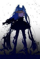Rule 34 | 1girl, aoi tete, bare shoulders, blue cape, blue hair, blue theme, bubble skirt, cape, commentary request, cure sky, cure sky (dark), detached sleeves, dissolving, facing down, full body, glitch, highres, hirogaru sky! precure, legs apart, logo, long hair, miniskirt, precure, shoes, side cape, silhouette, simple background, skirt, solo, sora harewataru, standing, transformation, twintails, very long hair, white background