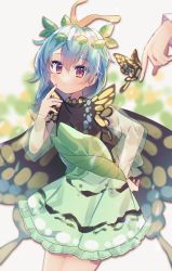 Rule 34 | 1girl, animal, antennae, aqua hair, blush, bug, butterfly, butterfly wings, closed mouth, dress, eternity larva, fairy, green dress, hair between eyes, haruwaka 064, highres, insect, insect wings, leaf, leaf on head, long sleeves, multicolored clothes, multicolored dress, orange eyes, see-through, see-through sleeves, short hair, solo, touhou, wings